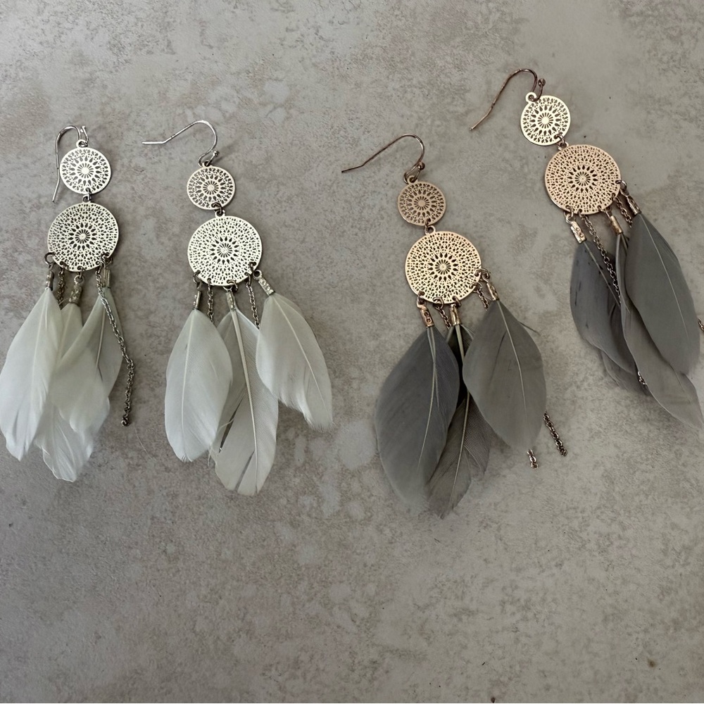 Boho Feather Dangle Earrings in Silver and Rose Gold